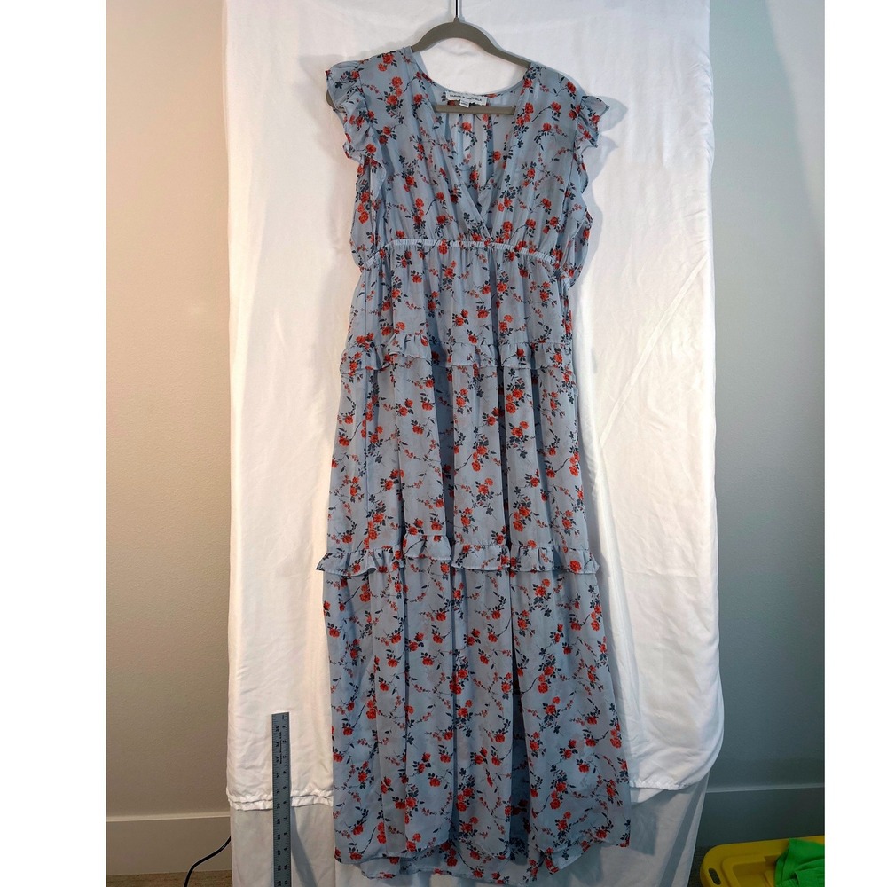 Emma & Michele Blue Floral Tiered Maxi Dress XL Ruffle V-Neck Sleeveless Boho